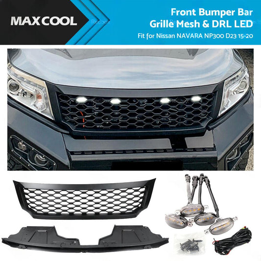 Black Bumper Bar Grille Mesh and LED Light Fits for Nissan NAVARA NP300 D23 15-20