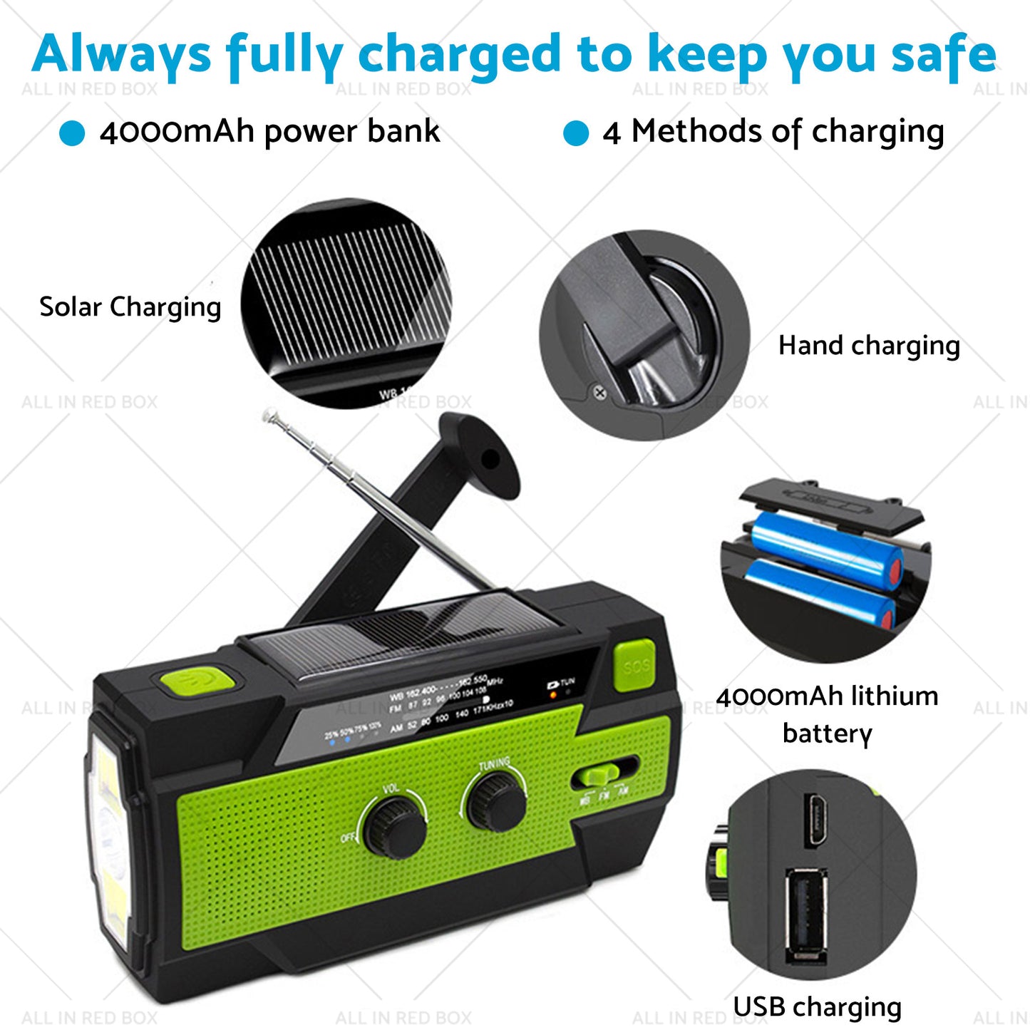 {{ 4000mAh Emergency Solar Hand Crank Weather Radio Power Bank Charger Flashlight }} - Buy Car Parts Online at {{ Kaka Auto Parts }}.