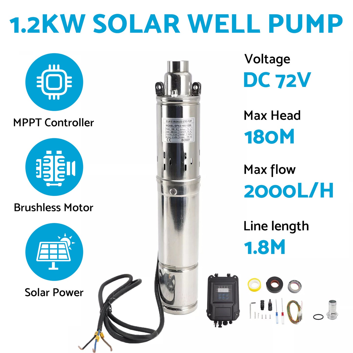 {{ 3in Deep Well Solar Bore Pump 72V 1.2KW Submersible MPPT Screw Type 180M }} - Buy Car Parts Online at {{ Kaka Auto Parts }}.