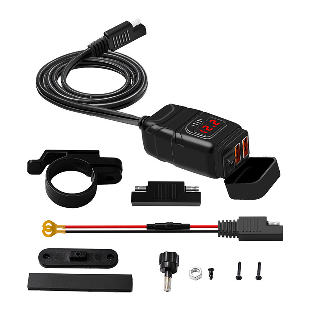 Dual USB Port Motorcycle Fast Charger Socket Suitable For Motorcycles ¡§C With LED Voltmeter Display & ON/OFF Switch