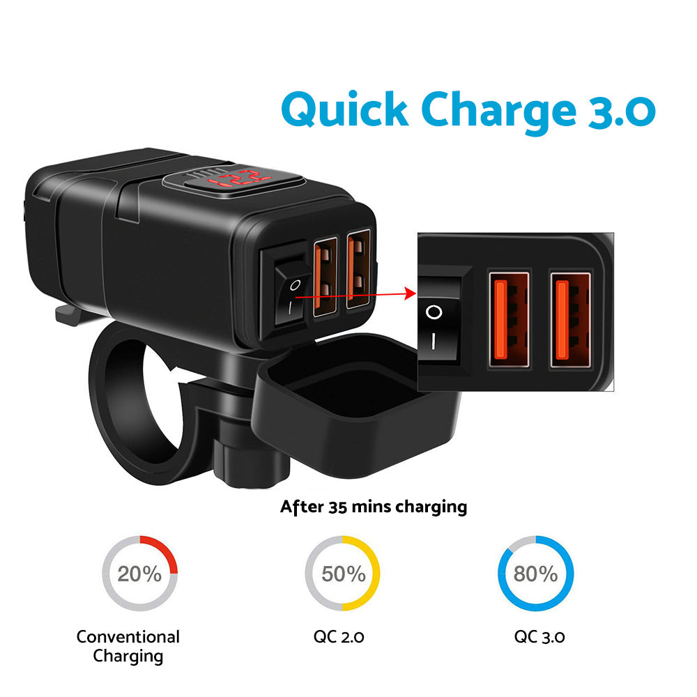 Dual USB Port Motorcycle Fast Charger Socket Suitable For Motorcycles ¡§C With LED Voltmeter Display & ON/OFF Switch