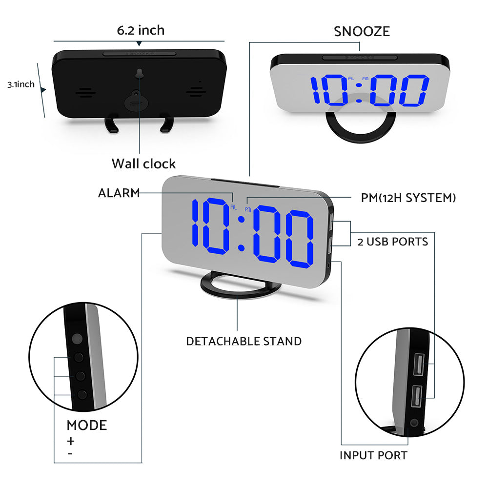 Digital Alarm Clock with Mirror LED Display Suitable For Wall & Bedroom, Snooze Function, Dim Mode