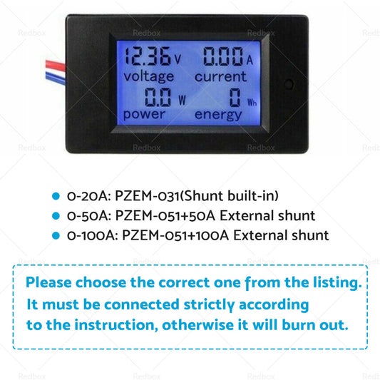 DC 6. 5~100V 20-50-100A LCD Digital Combo Panel Display Volt Amp Power Watt Meter