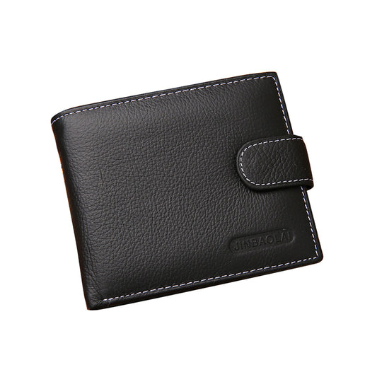 Men's Bi-Fold Wallet Black Top Layer Cowhide Leather With Card Slots & Coin Pocket