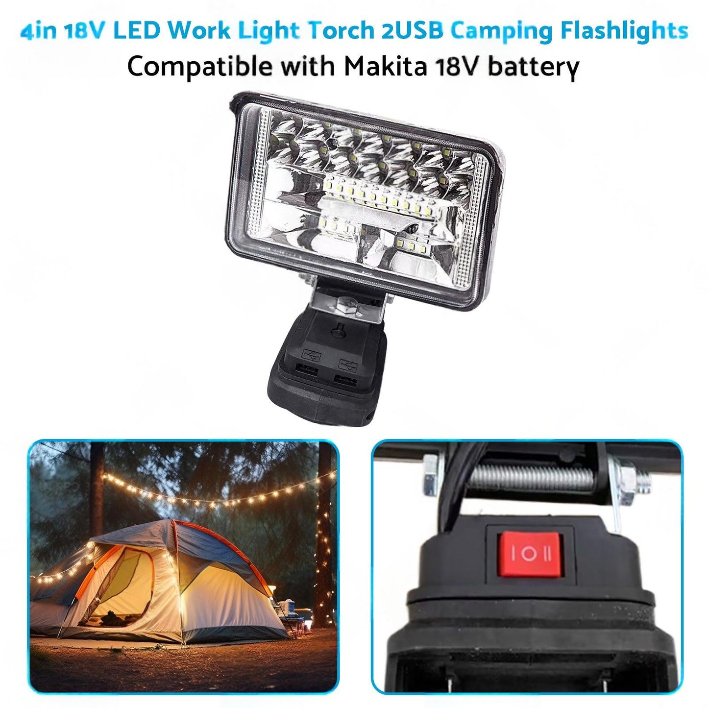18V 4in LED Work Light Torch Camping Flashlights 2USB Suitablefor Makita Battery