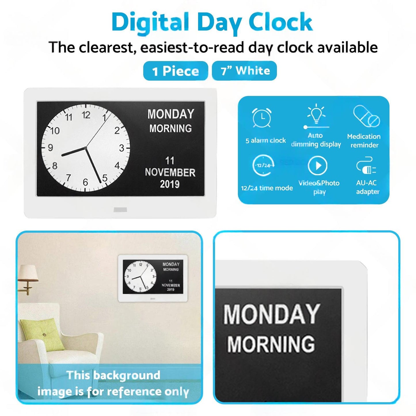 7  LED Large Digital Day Clock Calendar Dementia Date Week Month Year Time Wall