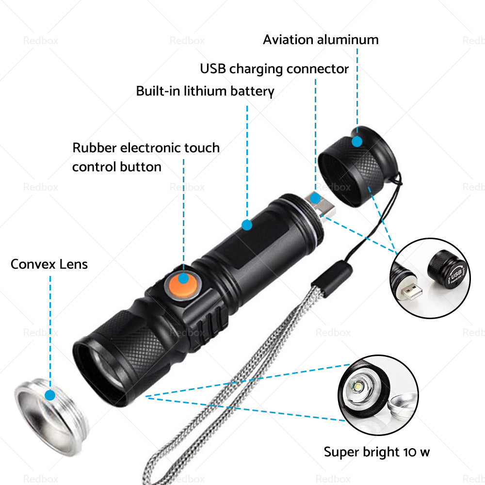 {{ 1pcs Black USB Rechargeable LED Flashlight Waterproof Torch Outdoor }} - Buy Car Parts Online at {{ Kaka Auto Parts }}.