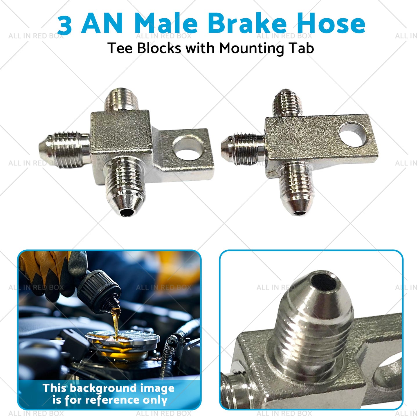 {{ Pair of Stainless Steel - 3 AN Male Brake Hose Tee Blocks with Mounting Tab }} - Buy Car Parts Online at {{ Kaka Auto Parts }}.