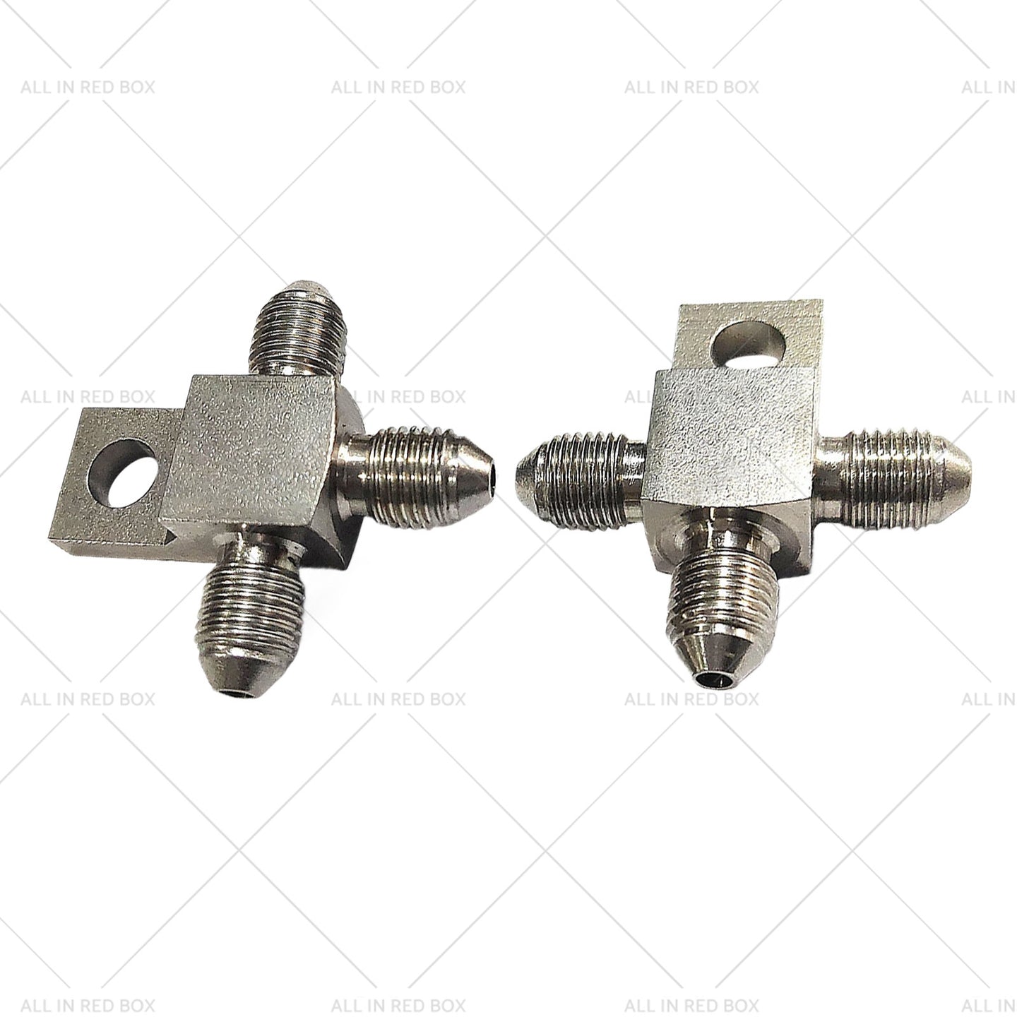 {{ Pair of Stainless Steel - 3 AN Male Brake Hose Tee Blocks with Mounting Tab }} - Buy Car Parts Online at {{ Kaka Auto Parts }}.