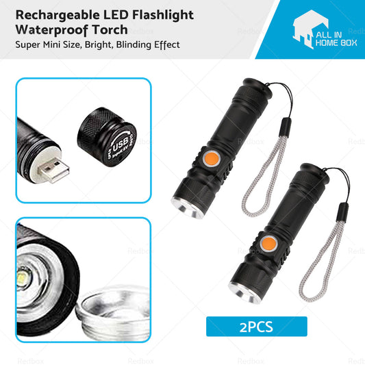 {{ 2PCS USB Rechargeable LED Flashlight Waterproof Torch Black }} - Buy Car Parts Online at {{ Kaka Auto Parts }}.