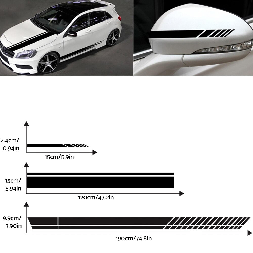 Car Side Body Sticker Vinyl Racing Stripe Decals 5x Long Hood & Roof Universal