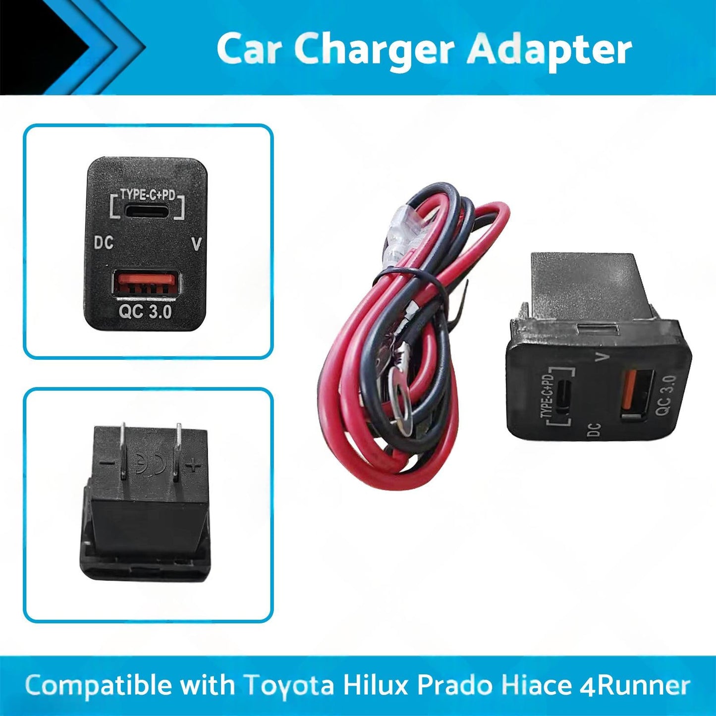 TYPE C  VOLT  QC 3. 0 USB CHARGER Suitable for Toyota Hilux Prado BLUE LED 12v