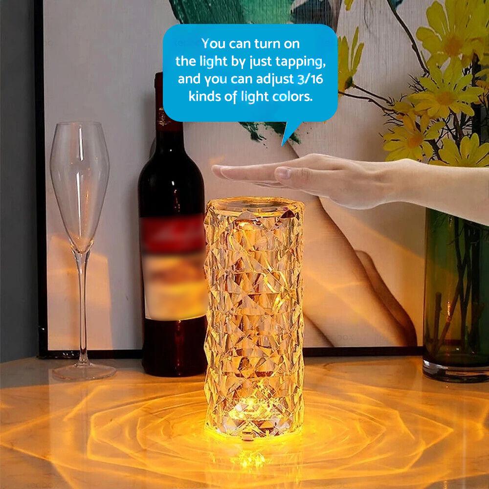 Crystal Table Lamp With Rose Diamond Touch LED Light Suitable For Universal Use, 3 or 16 Color, USB Powered