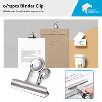 6/12PCS Stainless Steel Bulldog Paper Clip Metal Office Binder Grip Clamp 75mm