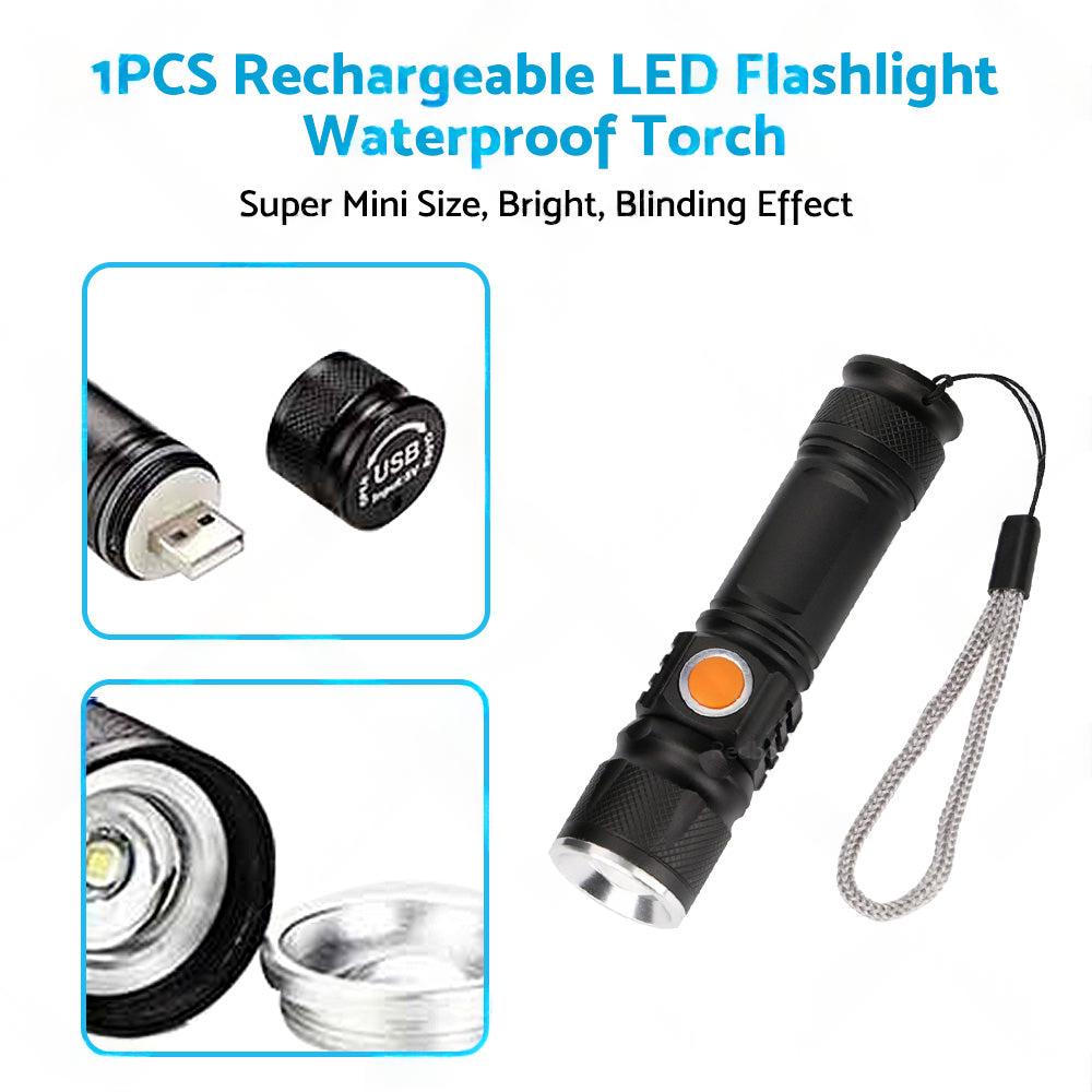 1x Black USB Rechargeable LED Flashlight Torch Suitable For Outdoor Use, Waterproof