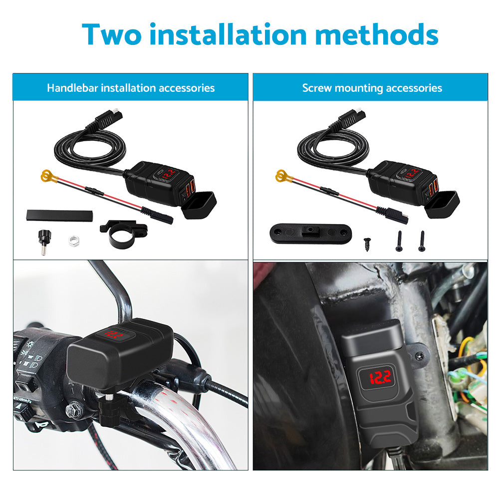 Dual USB Port Motorcycle Fast Charger Socket Suitable For Motorcycles ¡§C With LED Voltmeter Display & ON/OFF Switch