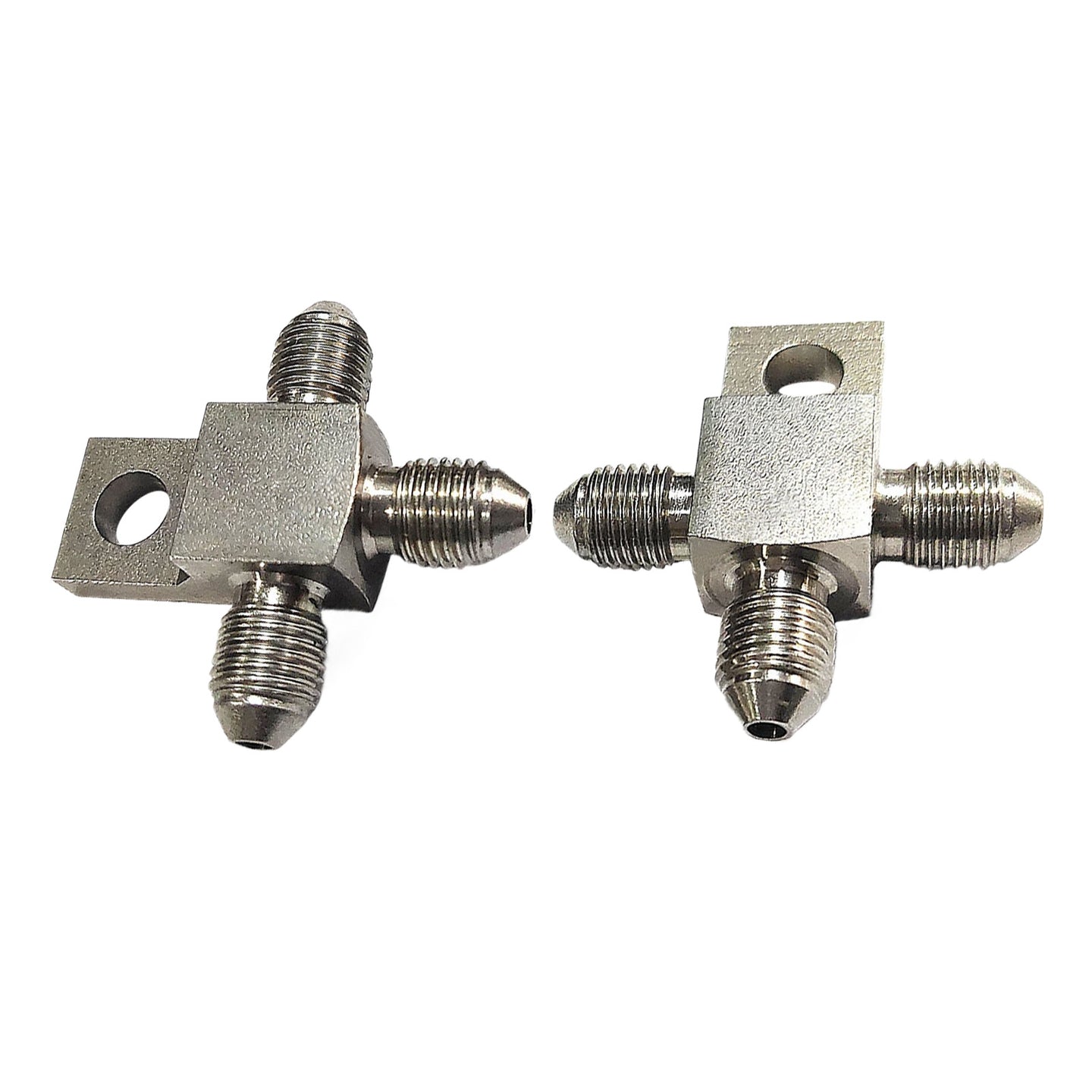 {{ Pair of Stainless Steel - 3 AN Male Brake Hose Tee Blocks with Mounting Tab }} - Buy Car Parts Online at {{ Kaka Auto Parts }}.