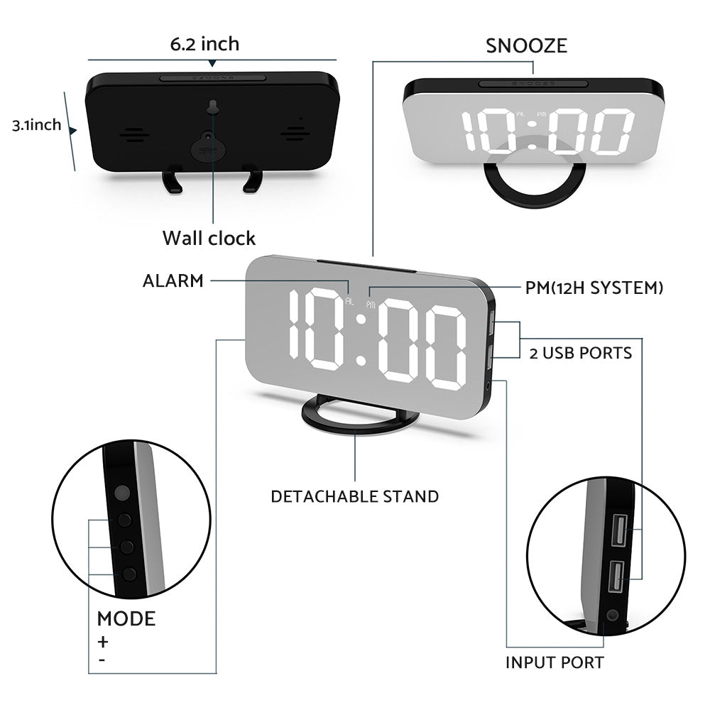 Digital Alarm Clock with Mirror LED Display Suitable For Wall & Bedroom, Snooze Function, Dim Mode
