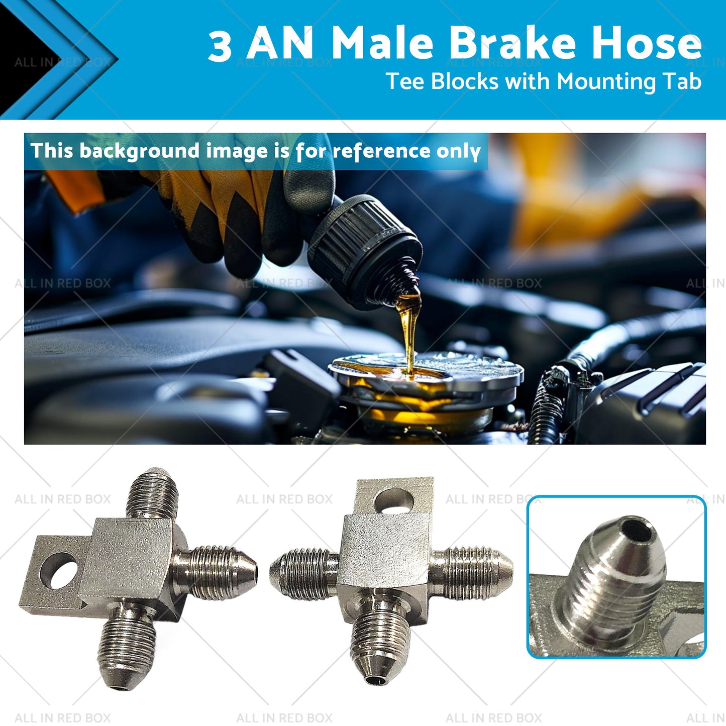 {{ Pair of Stainless Steel - 3 AN Male Brake Hose Tee Blocks with Mounting Tab }} - Buy Car Parts Online at {{ Kaka Auto Parts }}.