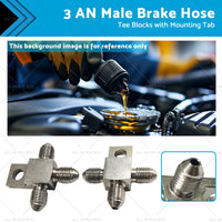 {{ Pair of Stainless Steel - 3 AN Male Brake Hose Tee Blocks with Mounting Tab }} - Buy Car Parts Online at {{ Kaka Auto Parts }}.