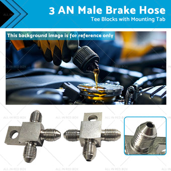 compare product Pair of Stainless Steel - 3 AN Male Brake Hose Tee Blocks with Mounting Tab