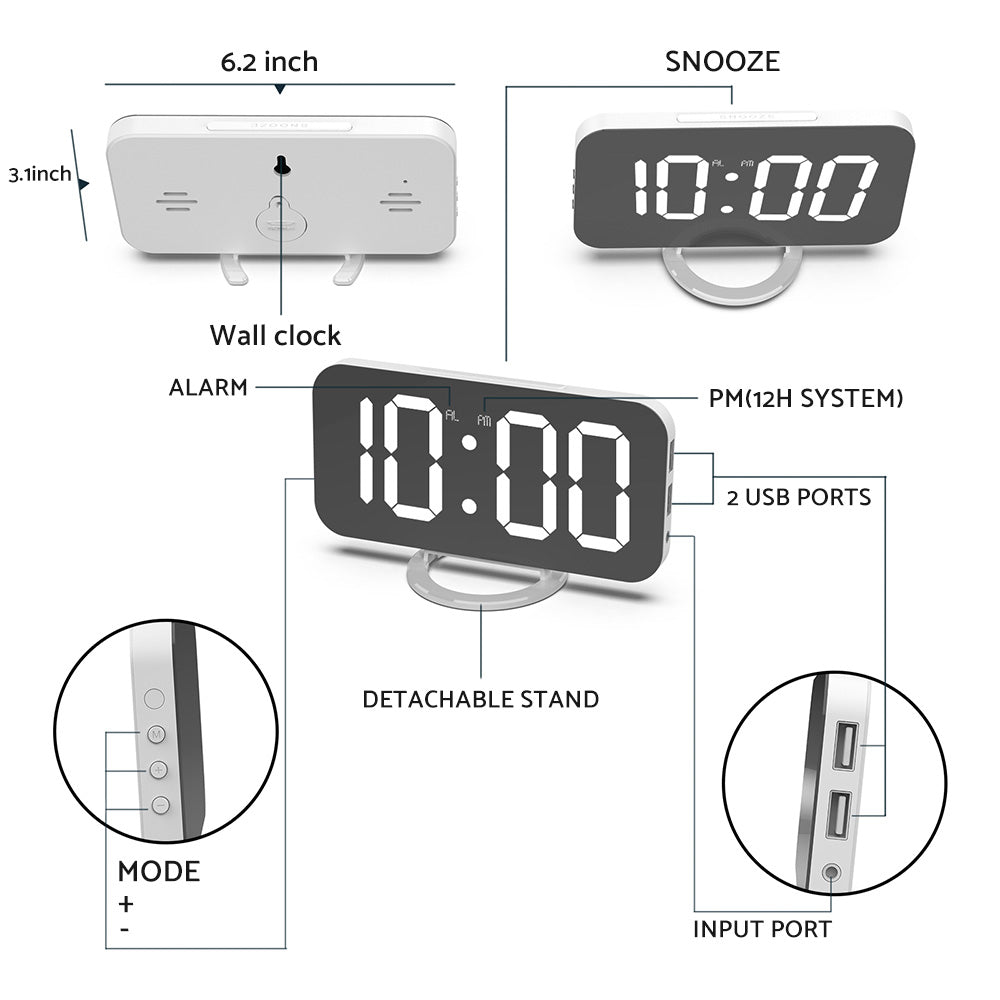 Digital Alarm Clock with Mirror LED Display Suitable For Wall & Bedroom, Snooze Function, Dim Mode